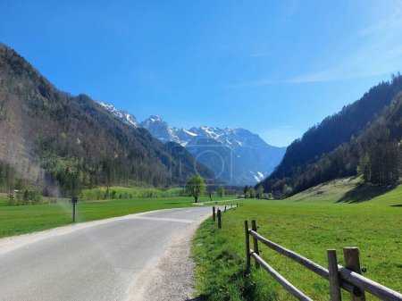 road. Logar valley and mountains. Kamnik Alps in Slovenia