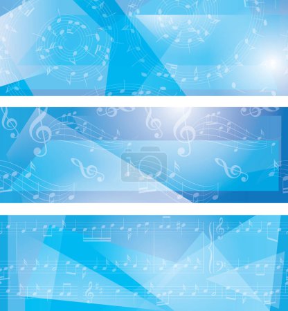 Illustration for Blue vector backgrounds with abstract music notes and geometric shapes - set of banners - Royalty Free Image