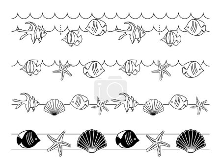 Illustration for Decorative seamless borders for summer holidays - vector fishes and seashells and starfish - Royalty Free Image