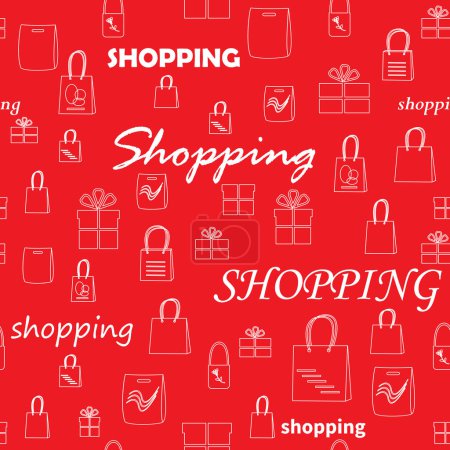 Illustration for Decorative vector seamless pattern - white silhouettes of shopping bags and boxes on red background - Royalty Free Image