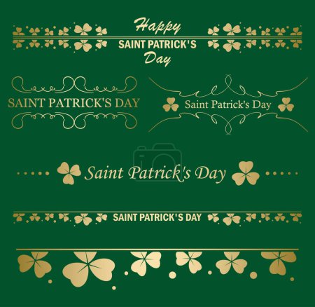 Illustration for Floral delimiters. Golden decorative borders with clover leaves. Vector trefoils for Saint Patrick Day - Royalty Free Image
