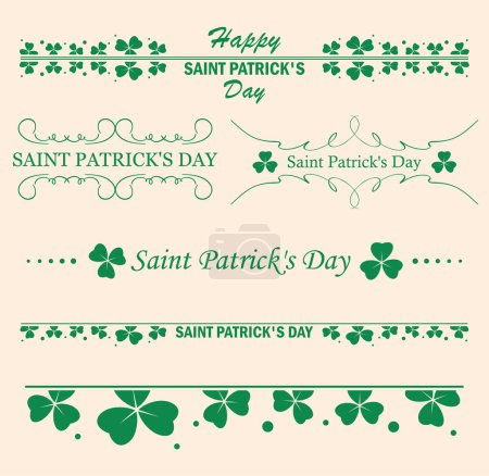 floral delimiters. Green decorative borders with clover leaves. Vector trefoils for Saint Patrick Day
