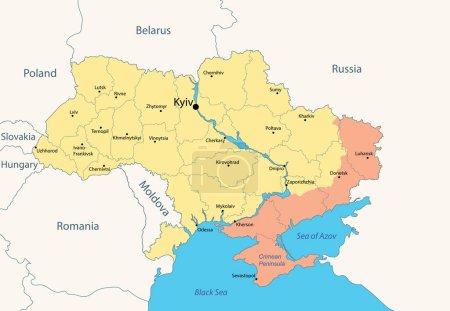 Ilustración de Ucrania, mapa administrativo con territorios ocupados por Rusia, a partir de enero de 2024. Ilustración vectorial - Imagen libre de derechos
