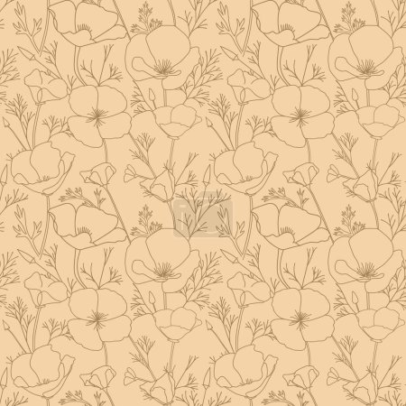 ornamento marrón con flores de Eschscholzia. Amapolas - vector beige patrón decorativo sin costuras