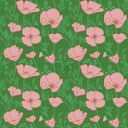 green ornament with rosy Eschscholzia flowers. Poppies - vector decorative seamless pattern