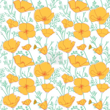 white seamless pattern with orange Eschscholzia flowers. California poppy - vector decorative background