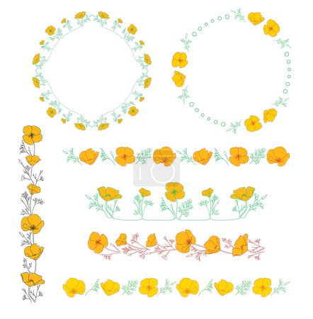 design elements with orange Eschscholzia flowers. California poppy - vector frames and borders