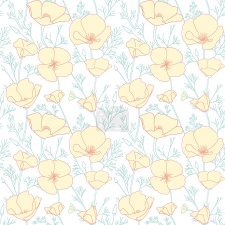 patrón inconsútil blanco con flores de Eschscholzia amarillo claro. California amapola - ornamento decorativo vector. Pastel de color