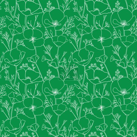 white ornament with silhouettes Eschscholzia flowers on green background. California poppy - vector decorative seamless pattern