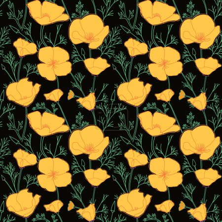 schwarzes nahtloses Muster mit orangefarbenen Eschscholzia-Blüten. Kalifornischer Mohn - Vektorhintergrund