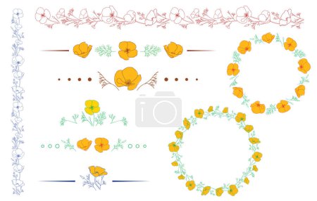 marcos y bordes con flores de Eschscholzia amarillo. California amapola - elementos de diseño de vectores