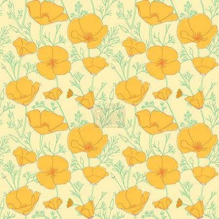 patrón sin costura de color amarillo claro con flores de Eschscholzia naranja. California amapola - vector de fondo decorativo