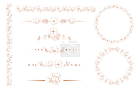 éléments de design vectoriel avec des fleurs Eschscholzia. Pavot de Californie - cadres et frontières
