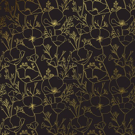 black background with golden gradient on Eschscholzia flowers. California poppy - vector