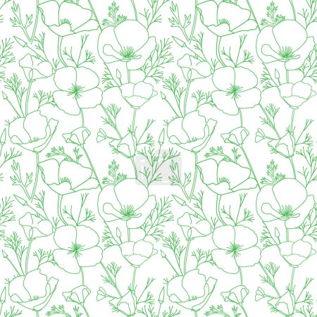 grüne Verzierung mit Eschscholzia-Blüten auf weißem Grund. Kalifornischer Mohn - Vektor dekoratives nahtloses Muster