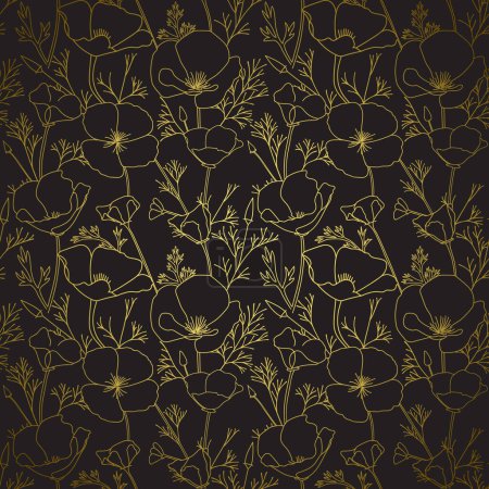 Hintergrund mit goldenem Farbverlauf auf schwarz. Eschscholzia blüht. Kalifornischer Mohn - Vektor 