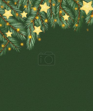 Banner with green canvas effect, illustration with Christmas tree garland, pine branches, stars, lights, holiday template, card, banner, poster