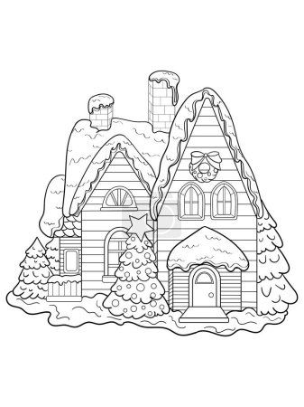 Winterhaus aus Holz und Ziegeln, mit Schnee mit Weihnachtsbaum, schwarze Umrisse isoliert auf weißem Hintergrund, Vektorillustration, Weihnachtsdekoration, Malseite 