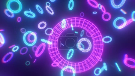 Photo for Retro Synthwave Neon Glowing Wireframe 3D Torus Shapes Fly At Camera - Abstract Background Texture - Royalty Free Image