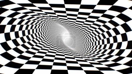 Inside Twisted Black And White Checkerboard Optical Illusion Tunnel - Abstract Background Texture
