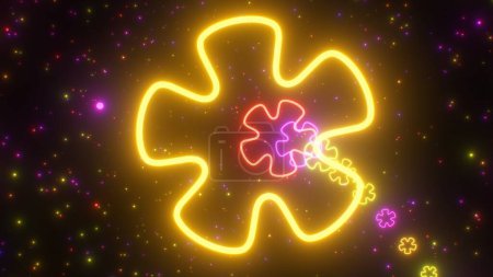 Photo for Trippy Neon Glow Retro 70s Flower Shapes Spin Electric Light Tunnel - Abstract Background Texture - Royalty Free Image