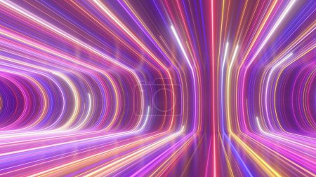 Foto de Luces de haz láser de neón ultravioleta fluyen dentro de la sala de reflexión curvada - Textura de fondo abstracta - Imagen libre de derechos