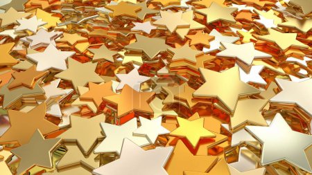 Téléchargez les photos : Pile rotative de jetons métalliques brillants en forme d'étoile dorée réfléchissant la lumière - Texture de fond abstraite - en image libre de droit