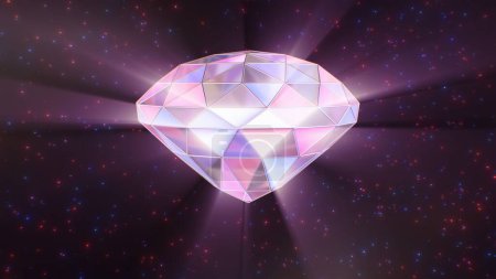 Schwebender rosafarbener lila 3D-Glasdiamant im Weltraum, funkelndes Licht - abstrakte Hintergrundtextur
