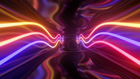 Inside Black Mirror Hallway Illuminated By Glowing Neon Tube Lights - Abstract Background Texture