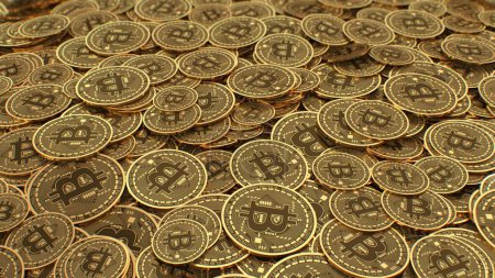 Foto de Montón de brillantes metálicos de oro Bitcoins Reflejar el concepto de criptomoneda - Resumen Textura de fondo - Imagen libre de derechos