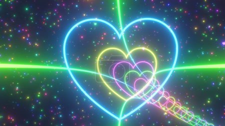 Photo for Rainbow Neon Glowing Bright Heart Lights Tunnel With Sparkling Stars - Abstract Background Texture - Royalty Free Image