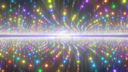 Foto de Ondeando luces de neón resplandecientes del arco iris flotando sobre la superficie reflectante - Textura de fondo abstracta - Imagen libre de derechos