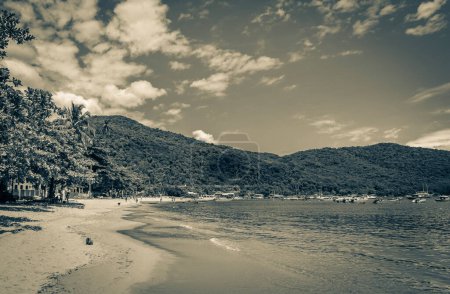 Photo for Old black and white picture of The big tropical island Ilha Grande Abraao beach in Angra dos Reis Rio de Janeiro Brazil. - Royalty Free Image