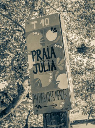 Photo for Ilha Grande 23. November 2020 Old black and white picture of Colorful welcome sign to Praia da Julia Beach Julia in Abraao Ilha Grande Rio de Janeiro Brazil. - Royalty Free Image
