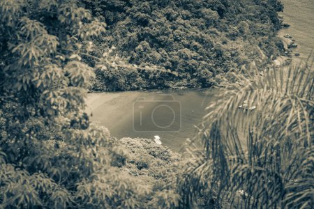 Photo for Old black and white picture of Green lagoon big tropical island Ilha Grande Abraao beach panorama drone from above Angra dos Reis Rio de Janeiro Brazil. - Royalty Free Image