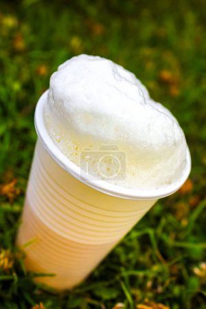 Photo for White plastic cups with beer and foam crown on grass in Speckenbuetteler Park Lehe Bremerhaven Bremen Germany. - Royalty Free Image