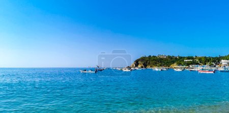 Photo for Sun beach people waves and boats in Zicatela Puerto Escondido Oaxaca Mexico. - Royalty Free Image