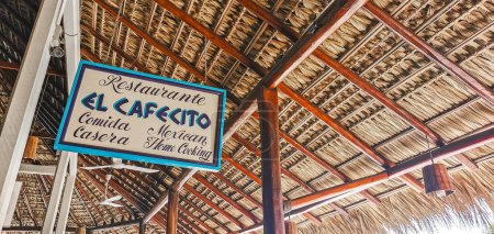 Photo for Blue and white sign restaurant name El Cafecito in Zicatela Puerto Escondido Mexico. - Royalty Free Image
