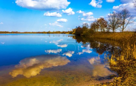 Téléchargez les photos : Lake river and water on sunny day in natural landscape in Loxstedt Cuxhaven Lower Saxony Germany. - en image libre de droit