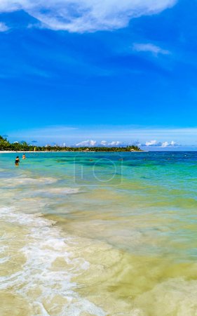 Téléchargez les photos : Tropical caribbean beach landscape panorama with clear turquoise blue water in Playa del Carmen Mexico. - en image libre de droit