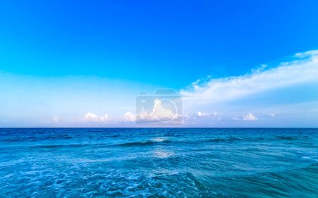 Photo for Tropical caribbean beach landscape panorama with clear turquoise blue water in Playa del Carmen Mexico. - Royalty Free Image