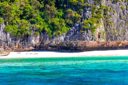 Foto de Hermosa laguna de playa famosa vista panorámica entre rocas de piedra caliza y agua turquesa en las islas Koh Phi Phi Ao Nang Krabi Tailandia Sudeste Asiático. - Imagen libre de derechos