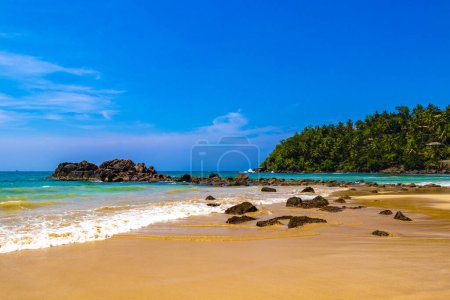 Photo for Beautiful paradise tropical beach with palm trees waves and sea water view in Mirissa Beach Southern Province Sri Lanka. - Royalty Free Image