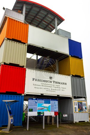 Photo for Bremerhaven Bremen Germany 1330. June 2011 Container observation tower stacked colorful containers in ueberseehafen overseas port Bremerhaven Bremen Germany. - Royalty Free Image