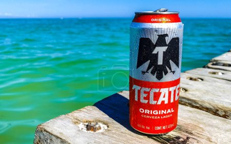 Foto de Isla Holbox en Quintana Roo México 17. Mayo 2022 Beber una lata de cerveza fría Tecate rojo en la playa en el paraíso en la isla Holbox en Quintana Roo México. - Imagen libre de derechos