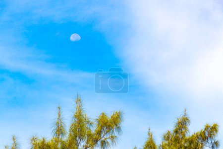 Téléchargez les photos : Croissant demi pleine lune dans le ciel bleu pendant la journée avec des nuages à Playa del Carmen Quintana Roo Mexique. - en image libre de droit