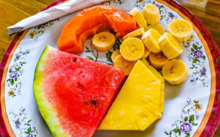 Assiette avec fruits sélectionnés papaye banane pastèque et ananas à Alajuela Costa Rica en Amérique centrale.