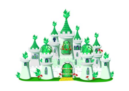 Téléchargez les illustrations : Château princesse émeraude avec cristaux verts, tours et portes vertes. Illustration vectorielle d'un château de conte de fées sur fond blanc. - en licence libre de droit