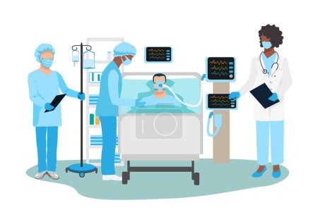 Doctor and nurse care for patients in the intensive care unit. Thank you nurses and doctors. Medical technology and life saving. vector illustration.