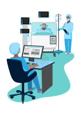 Illustration for Doctor and nurse care for patients in the intensive care unit. Thank you nurses and doctors. Medical technology and life saving. vector illustration. - Royalty Free Image